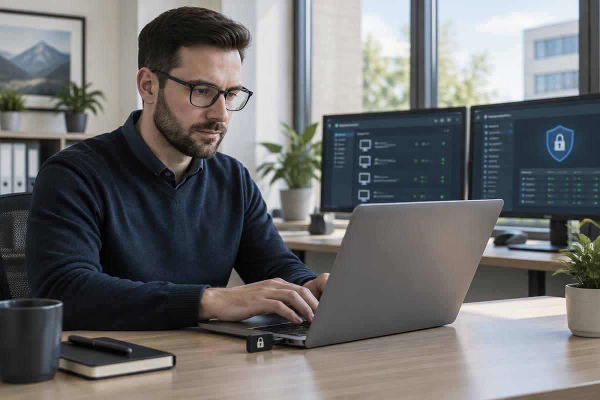A technician securely managing a workstation