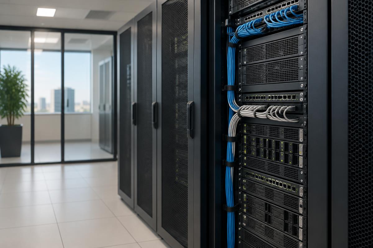 A neatly cabled server rack in a clean data room